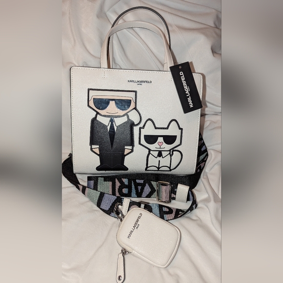 Karl Lagerfeld White Satchel with Black and Pink Accents